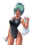  bottle competition_swimsuit copyright_request dark_skin double_vertical_stripe green_hair ishii_akira non-web_source one-piece_swimsuit solo swimsuit towel 