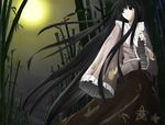  bamboo bamboo_forest black_eyes black_hair forest houraisan_kaguya japanese_clothes kimono long_hair lycee62 moon moonlight nature solo touhou very_long_hair wide_sleeves 