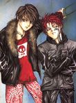  angel_sanctuary animal_print artbook brown_eyes brown_hair casual crossed_arms fur jacket jewelry leopard_print lost_angel male_focus michael_(angel_sanctuary) mudou_setsuna multiple_boys necklace official_art open_clothes open_jacket red_hair spiked_hair standing tattoo yuki_kaori 