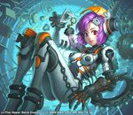  bodysuit cable copyright_request heterochromia mechanical nariann plugsuit purple_hair science_fiction short_hair smile solo 