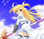  blonde_hair blush fingerless_gloves flipper gloves hair_ribbon heterochromia left-handed long_hair lyrical_nanoha mahou_shoujo_lyrical_nanoha_strikers raising_heart ribbon solo staff thighhighs vivio zettai_ryouiki 