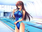  blush breasts brown_hair competition_swimsuit covered_nipples green_eyes impossible_clothes impossible_swimsuit indoors kashiwazaki_nana lane_line large_breasts lifeguard_chair long_hair one-piece_swimsuit pool pool_ladder poolside shinnin_kyonyuu_jokyoushi_nana solo standing sunlight swimsuit tachi-e window yoshino_keiko 