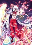  ai_ai_gasa bangs bow expressive_clothes fire fujiwara_no_mokou hair_bow long_hair moon ofuda pants red_eyes ribbon shima_chiyo solo suspenders touhou very_long_hair white_hair 