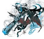  action arm_cannon black_hair black_rock_shooter black_rock_shooter_(character) blue_eyes boots chain cloak gun katana long_hair midriff sena_(mineruba) shorts solo sword twintails weapon 