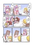  2girls alice_margatroid bad_id bad_pixiv_id bespectacled blonde_hair blue_hair breast_padding comic eyewear_removed glasses hakurei_reimu hard_translated hat highres mukyuu multiple_girls natsuk patchouli_knowledge purple_eyes purple_hair short_hair touhou translated yellow_eyes yukkuri_shiteitte_ne 