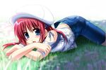  blue_eyes blush da_capo da_capo_i grass hat otoki_raku pants red_hair shirakawa_kotori solo 