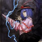  black_skirt blue_hair cervus closed_mouth drill electricity expressionless frills hat looking_at_viewer nagae_iku purple_eyes red_eyes ribbon shawl shirt skirt solo touhou upper_body white_shirt 