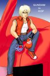  blonde_hair char_aznable cosplay fatal_fury gundam hat hat_removed headwear_removed holding holding_hat holding_mask lowres male_focus mask mobile_suit_gundam parody sitting snk solo terry_bogard terry_bogard_(cosplay) the_king_of_fighters vest 
