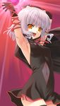  amano_yuu armpits arms_up bell_zephyr cape gloves magic navel night_wizard open_mouth ribbon short_hair silver_hair skirt solo thighhighs white_hair yellow_eyes 
