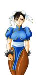  artist_request black_hair bracelet brown_eyes bun_cover china_dress chinese_clothes chun-li double_bun dress jewelry pantyhose pelvic_curtain sash solo spiked_bracelet spikes street_fighter thighs 