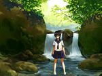  natori_(natorism) nature original rock school_uniform serafuku skirt skirt_hold solo stream wading water waterfall 