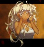  bad_id bad_pixiv_id blonde_hair braid copyright_request dark_skin dress flat_sign hair_ornament hairclip long_hair musical_note red_eyes sharp_sign sixteenth_note smile solo treble_clef tsujisaki 