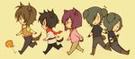  allelujah_haptism animal_ears artist_request black_hair cat_ears cat_tail chibi creature flying_sweatdrops from_side green_hair gundam gundam_00 hallelujah_haptism haro lockon_stratos multiple_boys profile purple_hair running setsuna_f_seiei simple_background tail tieria_erde twintails yellow_background 