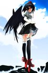  black_hair black_wings blush embarrassed garter_straps geta hat highres legs looking_at_viewer mahan red_eyes shameimaru_aya short_hair skirt skirt_lift solo tengu-geta thighhighs touhou wings zettai_ryouiki 