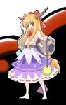  barefoot blue_skirt bottle bow bowtie chain full_body gourd hair_bow horns ibuki_suika layered_clothing long_hair looking_at_viewer low-tied_long_hair nanami_sano oni orange_hair red_bow red_neckwear skirt solo standing touhou very_long_hair 