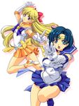  aino_minako back_bow bishoujo_senshi_sailor_moon blonde_hair blue_choker blue_eyes blue_hair blue_sailor_collar blue_skirt bow choker earrings elbow_gloves gloves hair_bow half_updo high_heels inner_senshi jewelry long_hair magical_girl mizuno_ami multiple_girls nagayori orange_choker orange_sailor_collar orange_skirt red_bow sailor_collar sailor_mercury sailor_senshi sailor_senshi_uniform sailor_venus shoes short_hair skirt star star_choker strappy_heels super_sailor_mercury super_sailor_venus tiara twisted_torso white_background white_gloves 