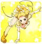  arm_support bent_over blonde_hair blush boots cure_lemonade detached_sleeves gloves kantoku kasugano_urara_(yes!_precure_5) leg_lift long_hair magical_girl open_mouth orange_eyes precure skirt solo thighhighs twintails yellow yellow_background yellow_legwear yellow_skirt yes!_precure_5 zettai_ryouiki 