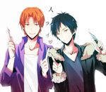  bad_id bad_pixiv_id black_jacket brown_eyes durarara!! fate/zero fate_(series) fur_trim jacket knife kouna815 male_focus multiple_boys orange_hair orihara_izaya purple_jacket scalpel uryuu_ryuunosuke yellow_eyes 