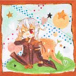  1boy animal boots coat duke_pantarei elbow_gloves gloves heart long_hair lowres red_eyes smile squirrel star tales_of_(series) tales_of_vesperia tree_trunk white_hair wink 