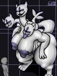  3_heads 6_breasts ambiguous_gender anon big_breasts blue_areola blue_eyes blue_nipples blue_tongue breasts closed_smile clover_(deltarune) deltarune duo echi101 female huge_breasts larger_female multi_breast multi_head nipples open_mouth open_smile pattern_background sharp_teeth simple_background size_difference smile teeth third_eye undertale video_games 