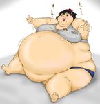  belly black_eyes black_hair blush eating fat food immobile sports_bra weight_gain 