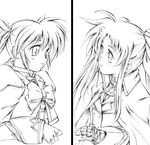  fate_testarossa greyscale jason_(kaiten_kussaku_kikou) long_hair lyrical_nanoha monochrome multiple_girls short_hair simple_background smile takamachi_nanoha white_background 