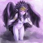  armlet black_hair black_wings blue_eyes bracelet breasts duel_monster fabled_grimro feathers green_eyes hair_ornament jewelry kneeling long_hair medium_breasts nail_polish navel necklace nipples open_mouth pointy_ears purple_skin pussy red_sclera ring solo sukumo_(kemutai) uncensored wings yuu-gi-ou 