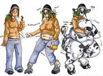  bovine breasts female fenris49 green_hair hair hat hooves huge_breasts human lactating mammal plain_background solo transformation white_background 