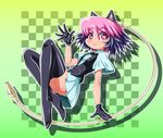  :3 android black_gloves black_legwear checkered checkered_background excel_saga full_body gloves green_background green_skirt highres multicolored_hair pink_eyes pink_hair purple_hair ropponmatsu_2 short_hair skirt smile solo symphysodon thighhighs two-tone_hair zettai_ryouiki 