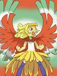  1girl blonde_hair highres ho-oh personification pokemon red_eyes simple_background stereoscopic_3d thighhighs wings 