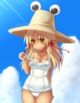  blonde_hair breasts cloud day eyes hair_ribbon hat hips long_hair looking_down medium_breasts miruki moriya_suwako one-piece_swimsuit ribbon school_swimsuit short_hair sky solo strap_pull swimsuit tan tanline touhou white_school_swimsuit white_swimsuit yellow_eyes 