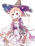  atelier_(series) atelier_ayesha black_hat blonde_hair broom hat long_hair open_mouth print_hat simple_background smile solo star star_print torii_sumi wilbell_voll=erslied witch witch_hat 