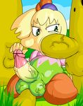  cat3_(a-) fellatio fumu futanari green_eyes handjob highres huge_penis kirby_(series) penis pointless_censoring ponytail source_request testicles translation_request veiny_penis yellow_skin 