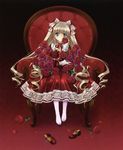  absurdres blonde_hair blue_eyes carnelian chair dress drill_hair flower gothic_lolita hair_ribbon highres lolita_fashion long_hair mary_janes no_shoes original pantyhose possible_duplicate red red_dress red_shoes ribbon rose shoes shoes_removed stuffed_animal stuffed_toy teddy_bear twintails two_side_up 
