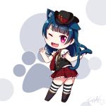  1girl ;d animal_ear_fluff animal_ears bangs black_footwear black_hat black_vest blue_hair blush boots cat_ears cat_girl cat_tail chibi cowboy_hat eyebrows_visible_through_hair hands_up hat head_tilt highres kemonomimi_mode knee_boots langbazi long_hair looking_at_viewer looking_back love_live! love_live!_sunshine!! one_eye_closed open_clothes open_mouth open_vest pleated_skirt purple_eyes red_skirt shirt short_sleeves signature skirt smile solo striped striped_legwear tail tail_raised thighhighs thighhighs_under_boots tsushima_yoshiko v-shaped_eyebrows vest white_shirt 