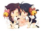  animal_ears apron bad_id bad_pixiv_id bell black_hair bow cat_ears cat_tail chibi hair_bell hair_bow hair_ornament hand_on_another's_face highres maid mary_janes minigirl multiple_girls open_mouth original paw_print pink_eyes red_eyes shoes tail thighhighs u35 waist_apron white_legwear wince 