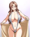  bare_shoulders blush breasts brown_eyes brown_hair cleavage curvy glasses groin interlude large_breasts long_hair marufuji_izumi navel open_mouth pubic_hair slingshot_swimsuit solo swimsuit towel tsuda_nanafushi white_background 