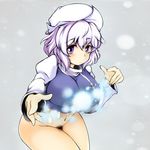  bad_id bad_pixiv_id blush bottomless breasts ginji74 hat highres huge_breasts lavender_hair letty_whiterock navel pink_hair pubic_hair purple_eyes short_hair snow solo touhou weapon 