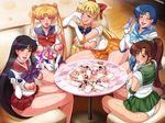  5girls aino_minako bishoujo_senshi_sailor_moon blonde_hair blue_hair breasts brown_hair hino_rei kino_makoto large_breasts mario_(artist) mizuno_ami multiple_girls naughty_face nippleless_clothes nipples photo_(object) ponytail sailor_jupiter sailor_mars sailor_mercury sailor_venus sitting table team-tanabe tsukino_usagi wink 