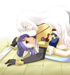  1boy 1girl blue_hair blush breasts coat duke_pantarei elbow_gloves gloves judith long_hair midriff open_mouth pointy_ears red_eyes sword tales_of_(series) tales_of_vesperia weapon white_hair 