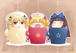  :d ^_^ blonde_hair bow brown_hair chibi closed_eyes commentary_request crescent cup drill_hair hair_bow hammer_(sunset_beach) hat in_container in_cup long_hair luna_child multiple_girls open_mouth outline parody red_eyes smile star star_sapphire sun_(symbol) sunny_milk touhou twin_drills twintails wagamama_fairy_mirumo_de_pon! 