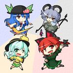  animal_ears basket blue_hair blush_stickers bow braid capelet cat_ears chibi dowsing_rod flying_sweatdrops food fruit green_eyes green_hair grey_hair hair_bow hat hat_ribbon hinanawi_tenshi kaenbyou_rin karakasa_obake komeiji_koishi leaf long_hair long_skirt long_sleeves looking_back mouse mouse_ears mouse_tail multiple_girls nazrin open_mouth outstretched_arms peach puffy_sleeves red_eyes ribbon short_hair short_sleeves skirt smile sword sword_of_hisou tail tongue touhou twin_braids umbrella urushi weapon wide_sleeves 