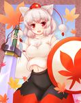  :d animal_ears blush breasts em_s fang hat inubashiri_momiji large_breasts navel open_mouth red_eyes shield short_hair silver_hair smile solo sword tail tokin_hat touhou weapon wolf_ears wolf_tail 