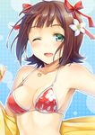  ;d amami_haruka bikini blush breasts brown_hair floral_print green_eyes hair_ribbon heart heart_necklace idolmaster idolmaster_(classic) jewelry k.y_ko medium_breasts necklace one_eye_closed open_mouth outline red_bikini ribbon short_hair smile solo swimsuit 