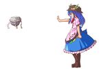  blue_hair bow food fruit hat hinanawi_tenshi keystone leaf long_hair neki-t outstretched_arms peach puffy_sleeves rock rope short_sleeves smile solo telekinesis touhou white_background 