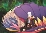  1boy boots coat duke_pantarei elbow_gloves eyes_closed forest frills gloves long_hair monster nature pants sleeping tales_of_(series) tales_of_vesperia tree white_hair 