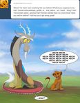  comic crossover cub dialog discord_(mlp) disney draconequus english_text equine feline feral friendship_is_magic horn lion male mammal my_little_pony peachiekeenie red_eyes simba sitting text the_lion_king tumblr young 
