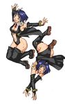  android armpits ass bare_shoulders blue_hair breasts brown_eyes cleavage cyberpunk elf elf_(gunnm) facial_mark falling gunnm gunnm_last_order hips lips looking_at_viewer medium_breasts multiple_girls open_mouth pointy_ears short_hair smile thighhighs zwolf 