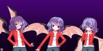  alphes_(style) alternate_costume bat_wings blue_hair blush casual contemporary denim hand_on_hip jacket jeans kaoru_(gensou_yuugen-an) no_hat no_headwear pants parody red_eyes remilia_scarlet short_hair simple_background slit_pupils style_parody touhou wings 