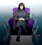  black_keys brown_eyes brown_hair chair cloak cross cross_necklace easy_chair fate/zero fate_(series) field_of_blades highres hood jewelry kotomine_kirei male_focus necklace piroshiki123 planted_sword planted_weapon reflection sitting solo sword weapon 